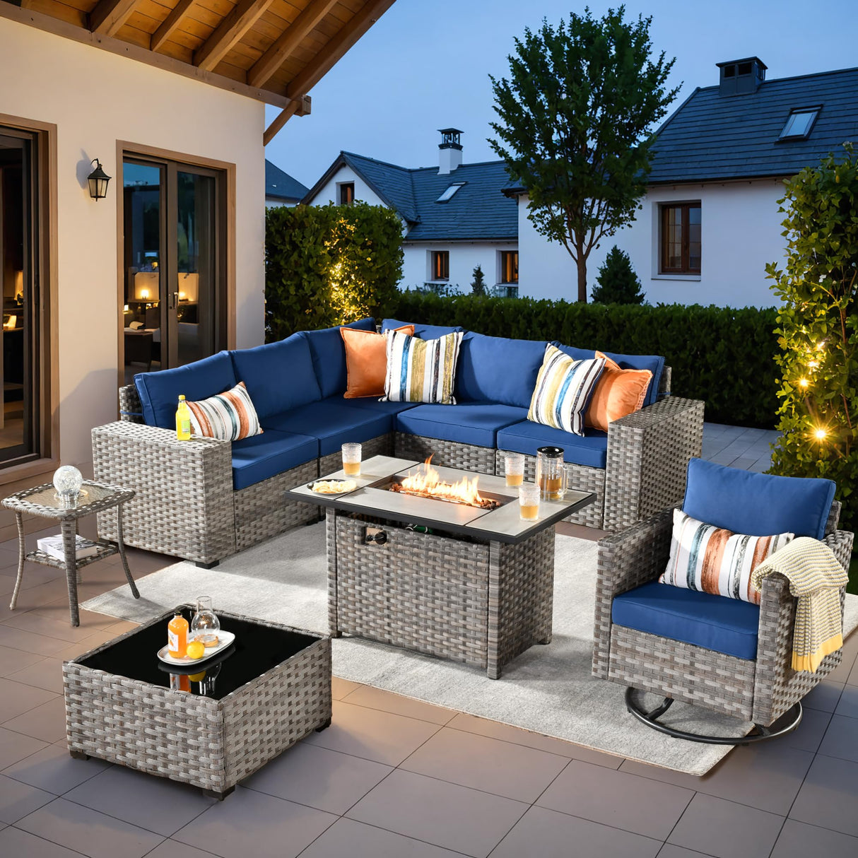 ovios 9 Pieces Patio Furniture Set, Outdoor Wicker Sectional Sofa with 42" Fire Pit Table Swivel Chair, Modern Modular Deep Seat Rattan Couch Conversation Sets, Navy Blue ovios
