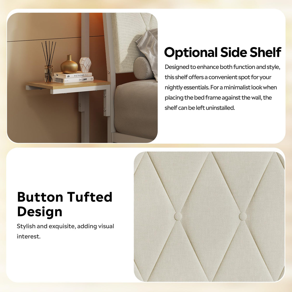 WLIVE Queen Size Upholstered Bed Frame with 2 Side Shelves, Linen Tufted Storage Headboard with Charging Ports and LED Light, Metal Solid and Stable, No Box Spring Needed, Easy Assembly, Beige WLIVE