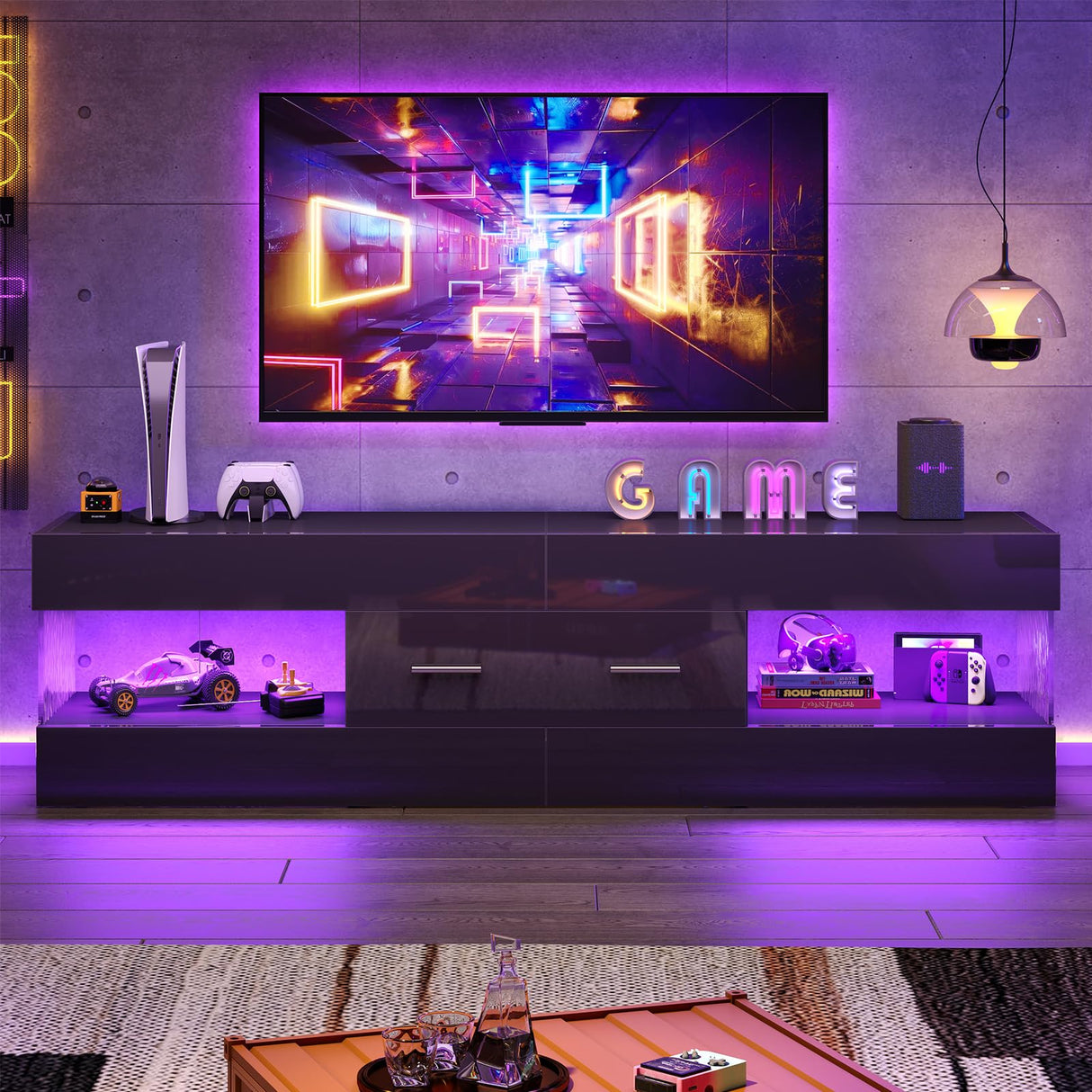 Bestier Black TV Stand for 55/60/65 Inch TV, High Gloss Modern TV Stand with Stone-Patterned Side Panels, LED Entertainment Center with Large Drawer, TV Consoles for Living Room, Bedroom Bestier