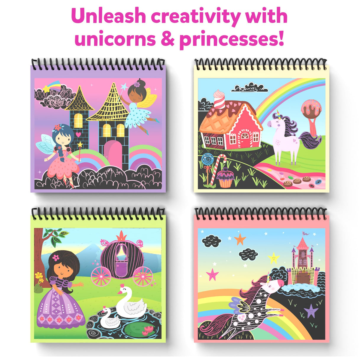 Skillmatics Scratch Art Book for Kids - Unicorns & Princesses, Craft Kits & Supplies, 30+ Scratch Stickers, Travel Toys, DIY Kit, Gifts for Girls & Boys Ages 3, 4, 5, 6, 7, 8 Skillmatics