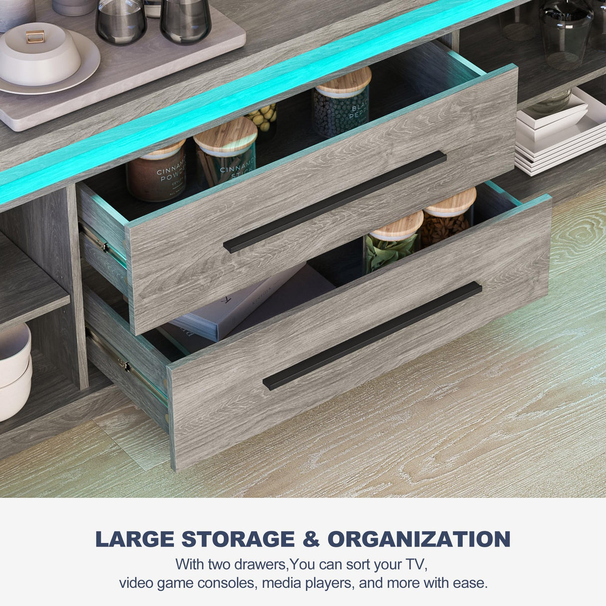 BELLEZE 67" TV Stand for TV up to 75", Modern Entertainment Center with LED Lights Change to Melody of Music, Media Console Table with Cabinets and Drawers for Living Room, Bedroom - Studio (Grey) BELLEZE