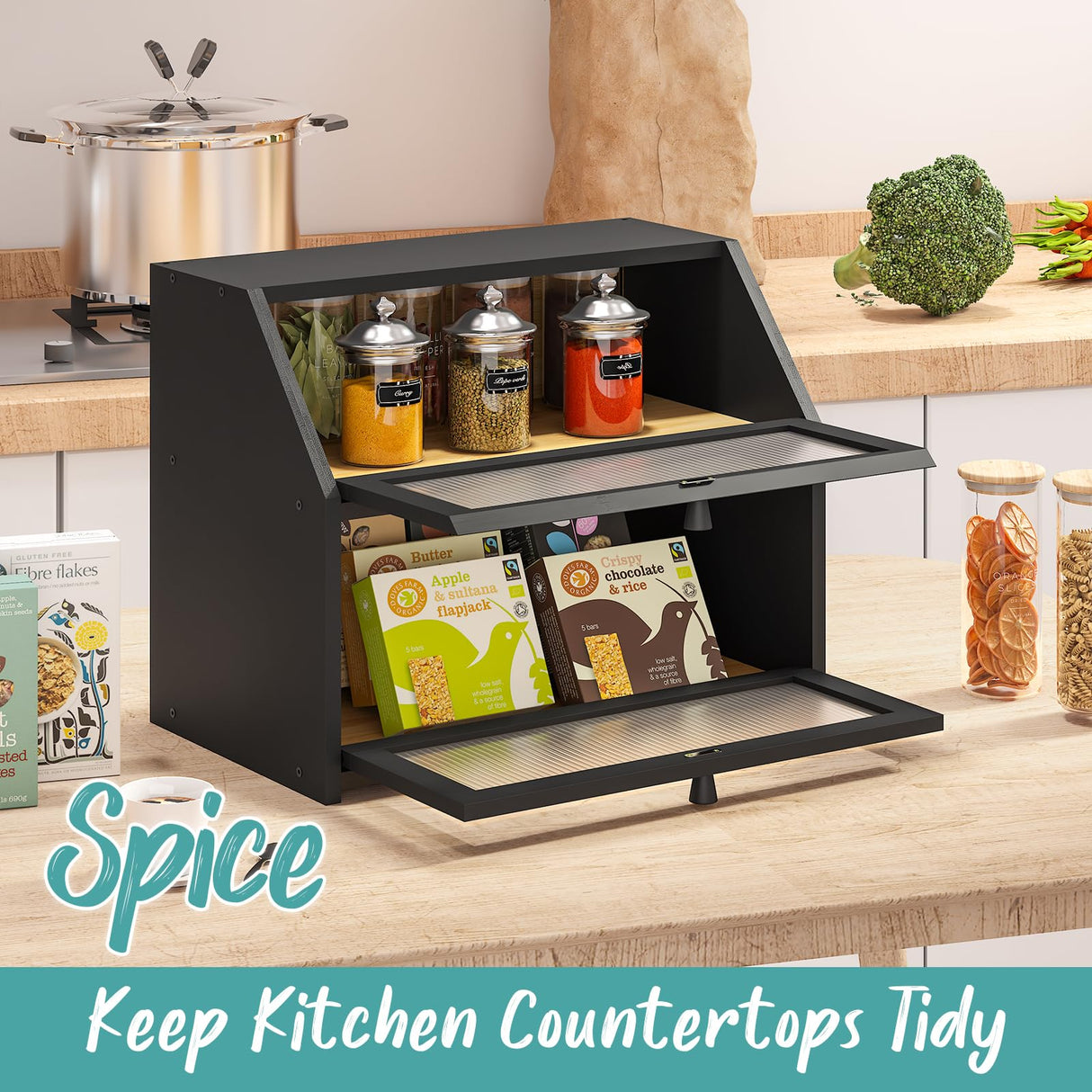 Vriccc Black Bread Box for Kitchen Counter, Large Bamboo Wood Double Layer Bread Box, Wooden Bread Storage Capacity Vriccc