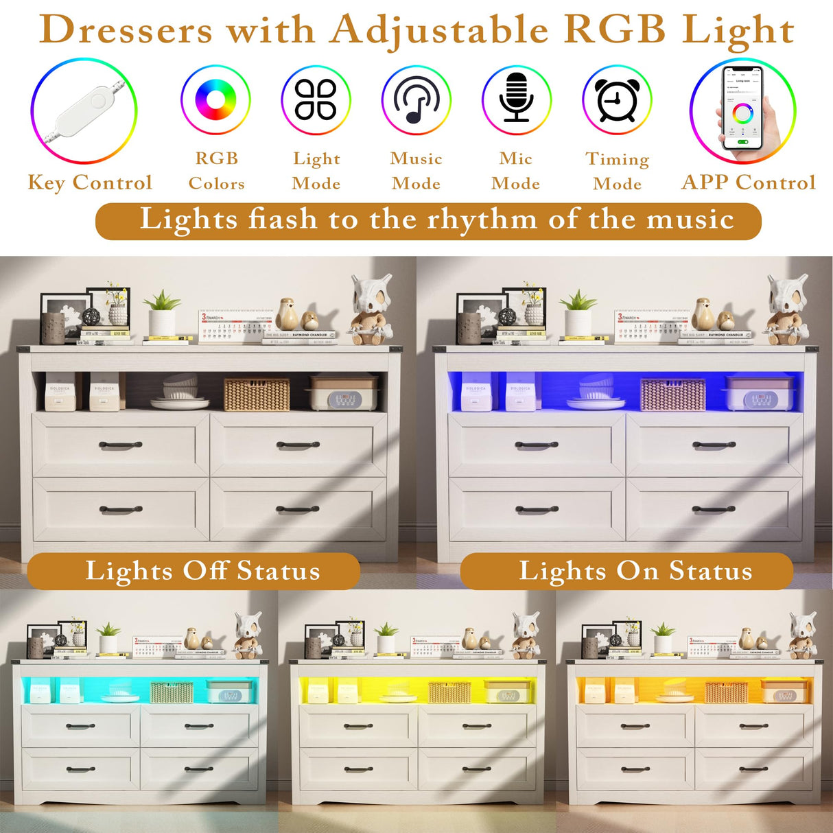 Wodeer White Dresser for Bedroom, Wood 4 Drawer Dresser with LED Light, Dressers & Chests of Drawers with Metal Handles, Storage and Organization for Bedroom, Hallway, Entryway Wodeer