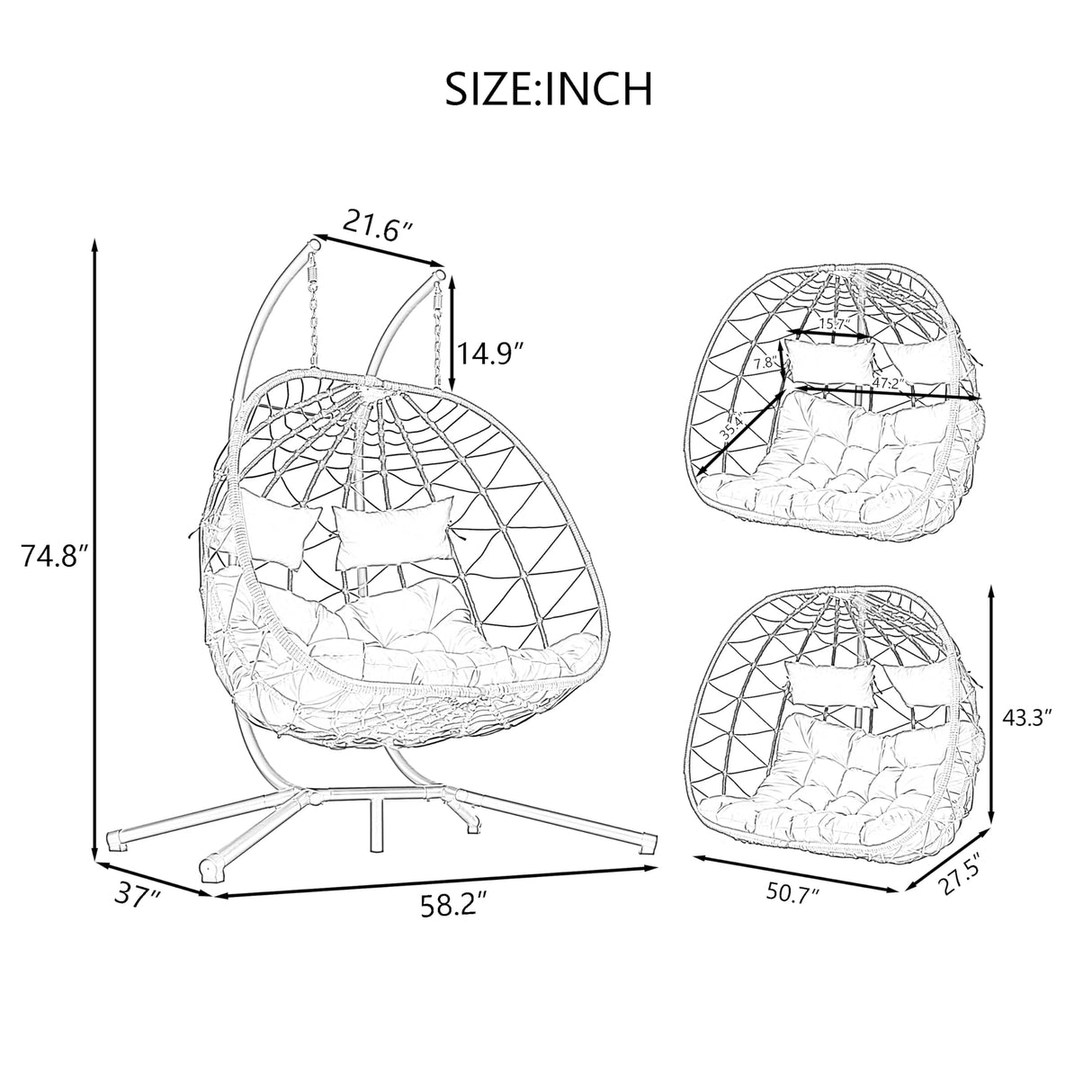 AOPNOMU 2 - Person Hanging Egg Chair with Stand, Steel Frame, for Outdoor & Indoor Use Double Wicker Egg Chair for Patio, Garden, or Balcony Dark Gray AOPNOMU