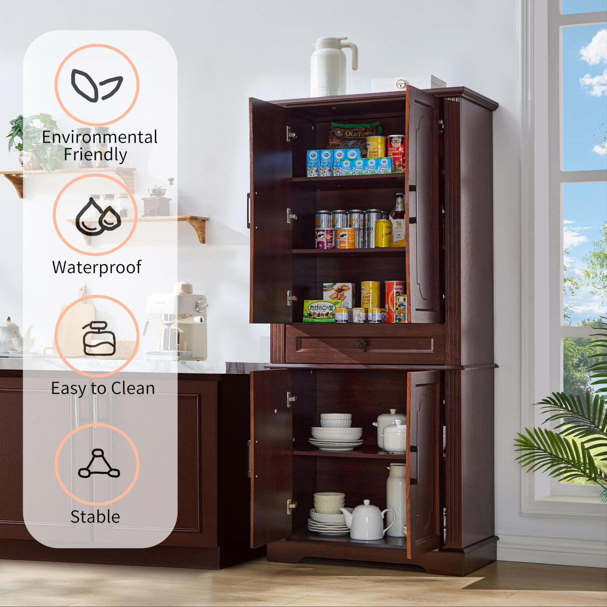 71" Tall Pantry Cabinet with Drawer and Adjustable Shelves, Modern Storage Cabinet with Doors, Kitchen Buffet Cabinet, Food Pantry Storage Cabinet, Coffee Bar, Living Room and Dining Room Cherry LIDYUK