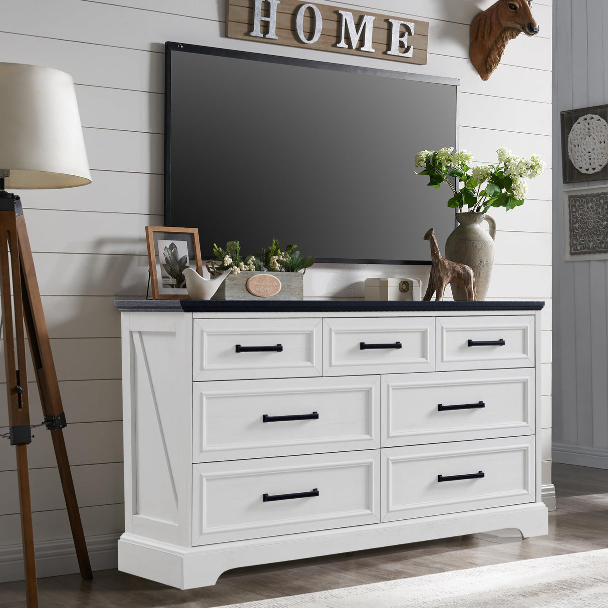 ACCOHOHO 7 Drawer Dresser, 52" Farmhouse Chest of Drawers for Bedroom, Wide Dresser TV Stand with Large Metal Handle, Modern Wood Drawer Organizer for Living Room, Hallway, Closet - White ACCOHOHO
