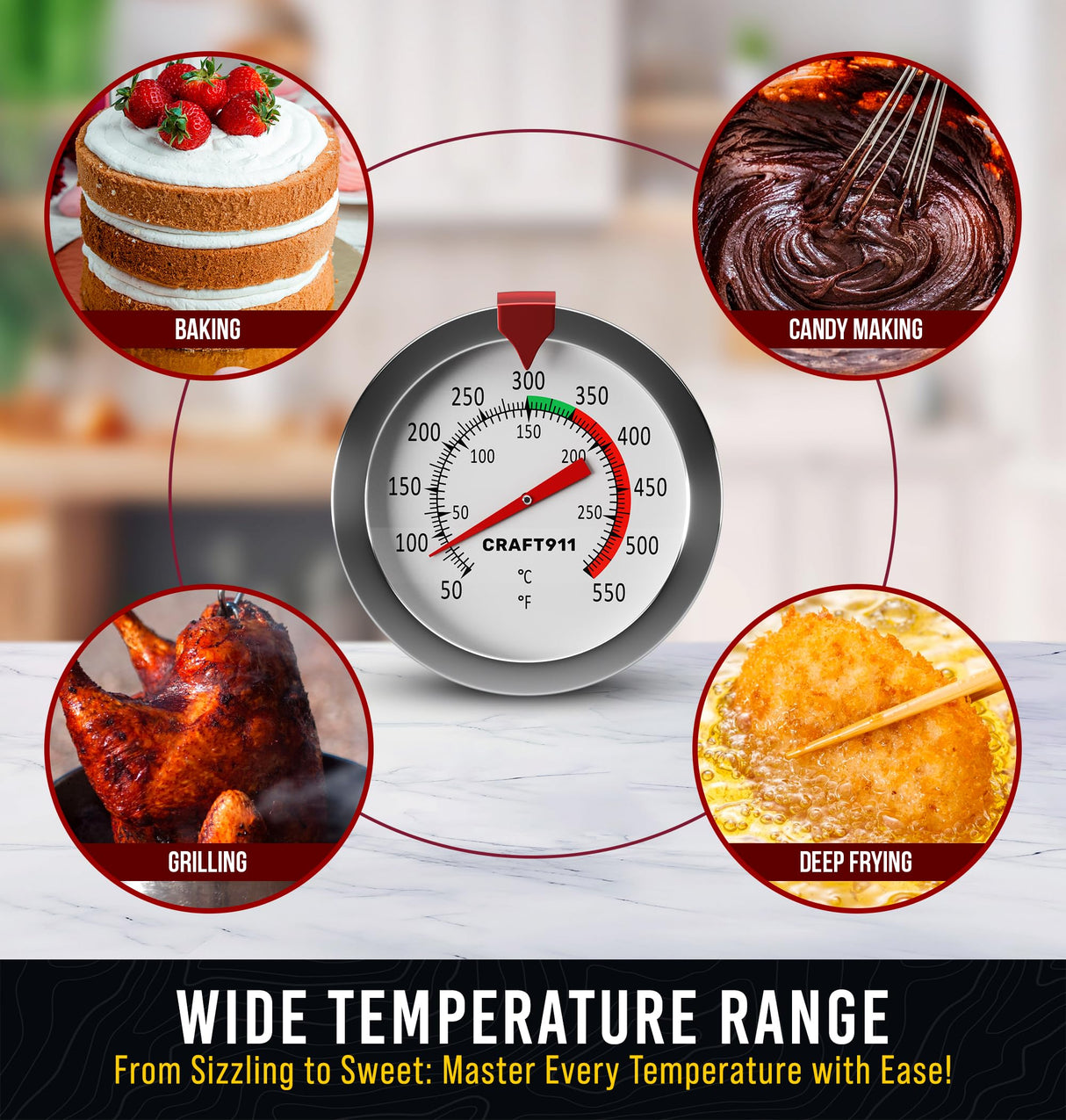 CRAFT911 Candy Thermometer with Pot Clip - Deep Fry Oil Thermometer for Frying - Cooking Thermometer for Frying Oil Candle Making Hot Oil Deep Fryer Thermometer 8" Side of Pot Thermometer Craft911