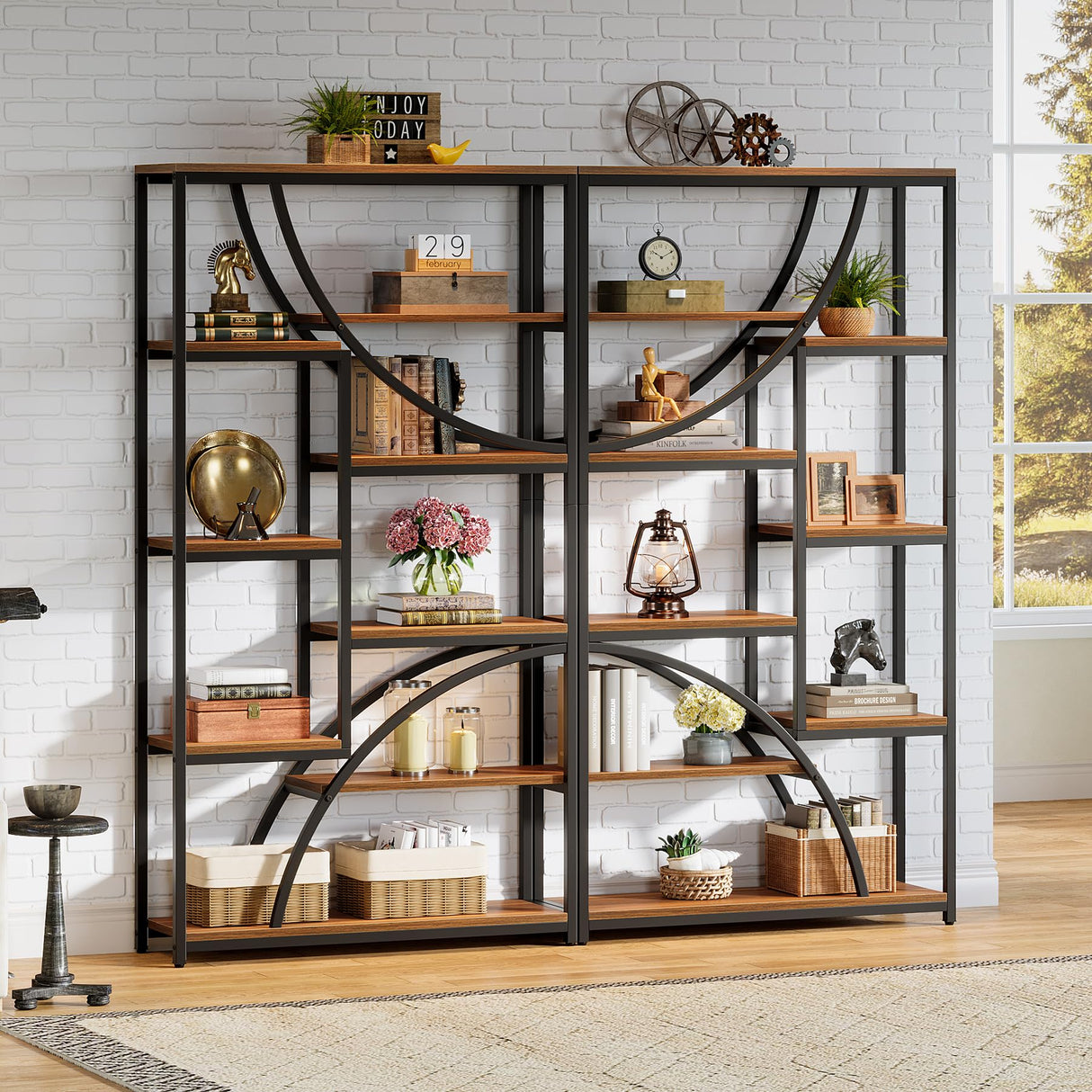 Tribesigns 70.87'' Tall Bookshelf Set of 2, 9-Tier Industrial Etagere Bookcase, Large Geometric Bookshelves with Open Shelf, Wood & Metal Freestanding Display Shelf for Living Room, Brown & Black Tribesigns
