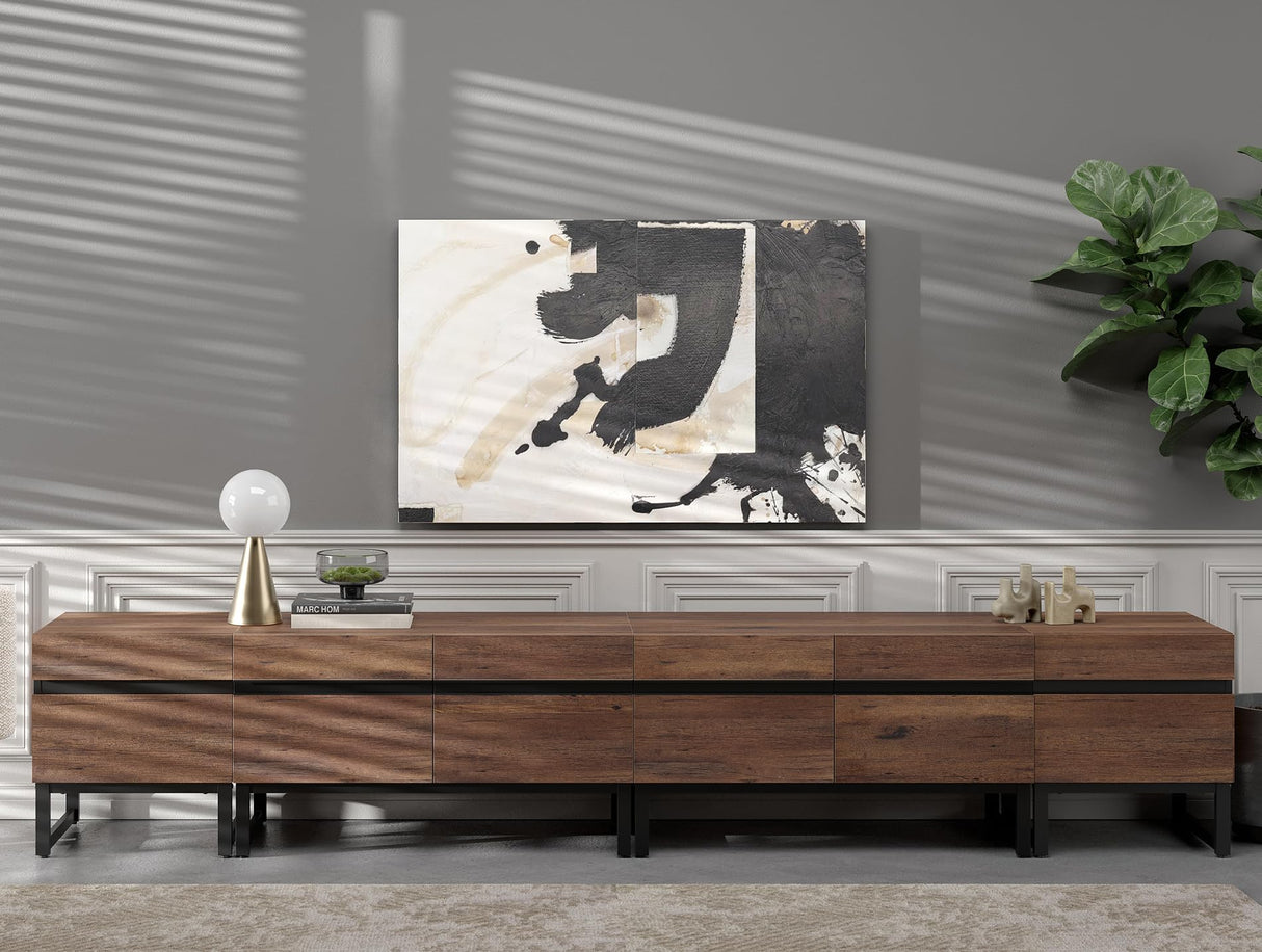 WAMPAT Modern TV Stand for TVs up to 110 inch TV, 3 in 1 Entertainment Center TV Console with Storage Cabinets and Metal Base,Media Console for Living Room, Brown,106'' WAMPAT