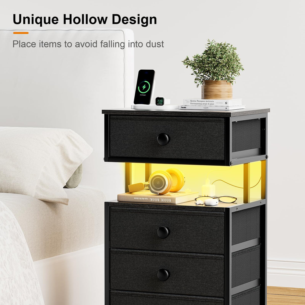 REAHOME Night Stand with Charging Station and LED Light, 4 Fabric Drawers Black Bedside Table with Open Shelf, Modern End Table with Wooden Top for Bedroom, Living Room, Hallway - Black Gery REAHOME