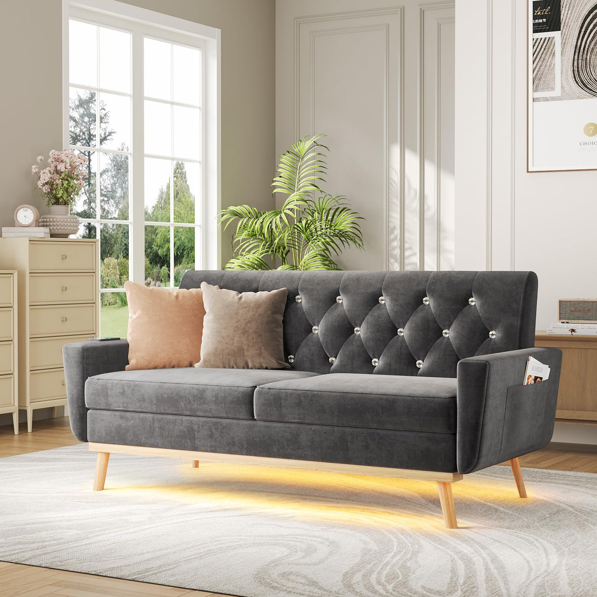 Fameill 65" Loveseat Sofa Couch, Mid Century Modern Love Seat Small Couch with Soft Cushion, LED Light, Crystal Button Tufted, Upholstered Comfy Small Couch for Living Room, Bedroom Fameill