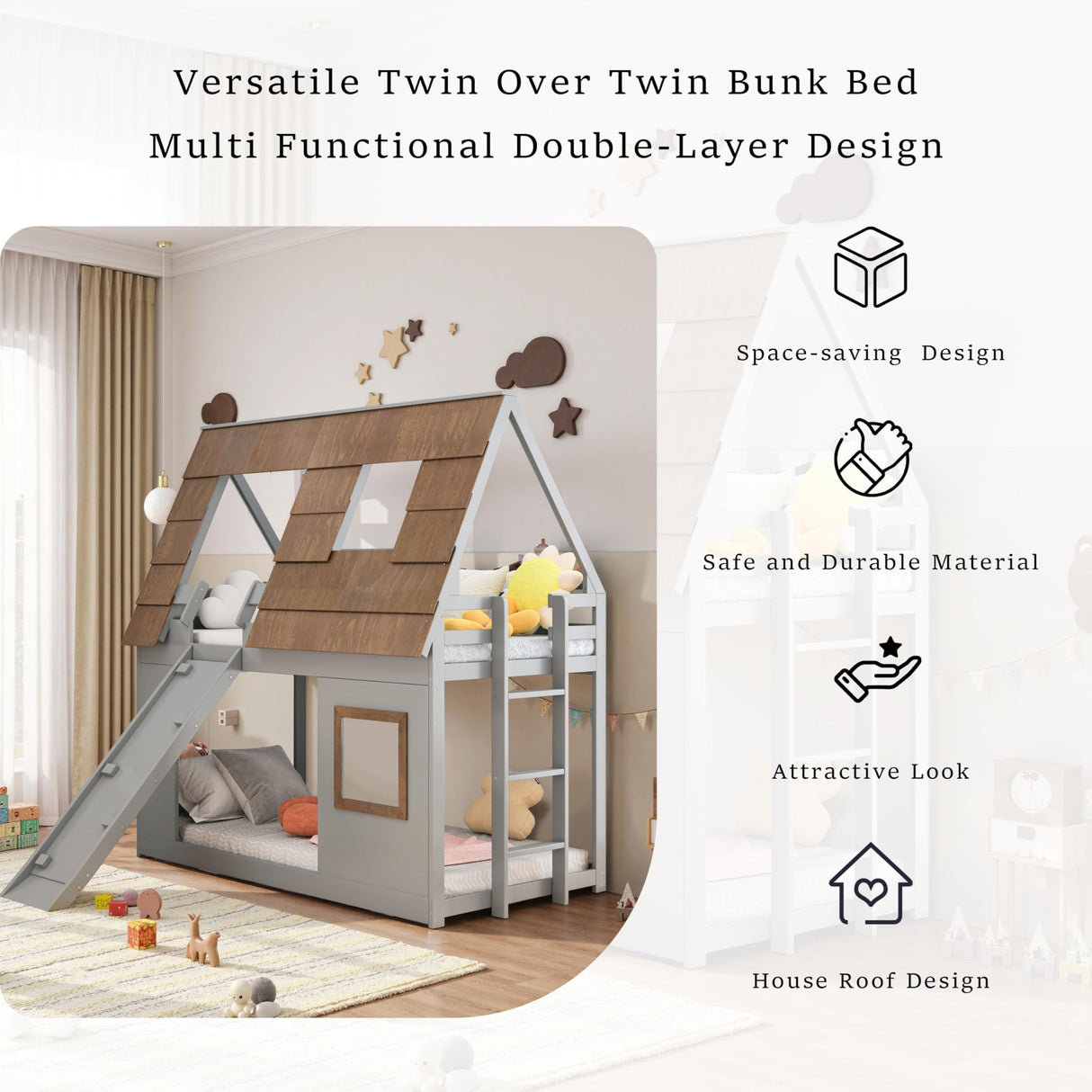 DGSPVCT Twin Over Twin House Bunk Bed for Kids, Wood Bunk Bed Frame with Window Roof Design and Guardrail, Montessori Floor Bunk Bed Frame with Climbing Ramp & Ladder, for Boys Girls, Gray DGSPVCT