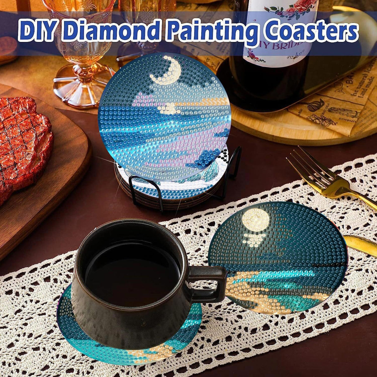 Beach Diamond Art Coasters Kit for Adults - 8 Pcs Diamond Painting Coasters Kit with Holder,Moon Landscape Diamond Art Kits for Adults Coasters Arts and Crafts Kits for Gifts Ammklfh