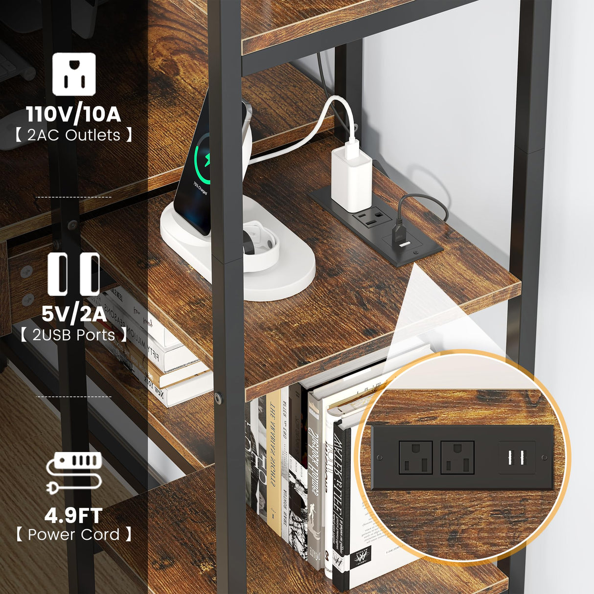 Nosepen 5 Tiers Rustic Bookshelf with Home Office Desk and RGB Lights and Power Outlet, 71.1" Tall Book Shelf with Drawer & Storage Cabinet & 12 Storage Shelves, Large Bookcase with 2 Doors, Brown Nosepen