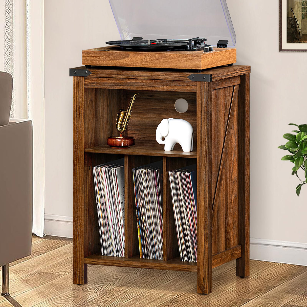 Joaxswe Record Player Stand with Vinyl Record Storage,Rustic Brown Record Player Table Holds up to 160 Albums,Large Wood Turntable Stand Cabinet Dispaly Shelf for Living Room,Bedroom,Office Joaxswe