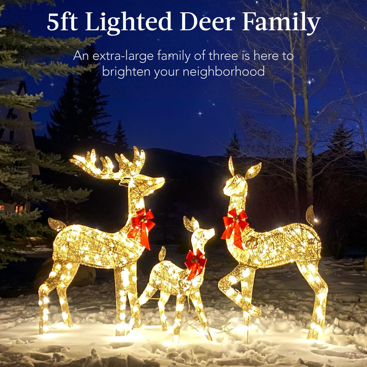 Best Choice Products 3-Piece Large Lighted Christmas Deer Family Set 5Ft Outdoor Yard Decoration with 360 LED Lights, Stakes, Zip Ties - Gold Best Choice Products