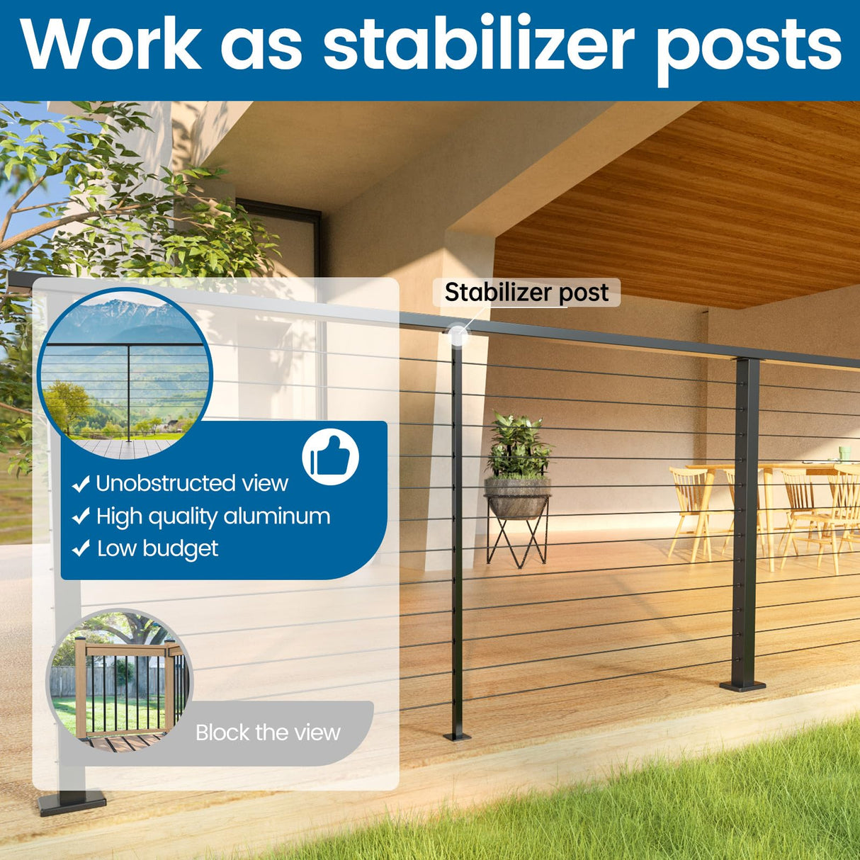 Muzata 2Pack Black Aluminum Intermediate Cable Railing Post Level drilled 36" x3/4" Surface Mount Cable Railing System Kit Square Stabilizer Post with Flat Bracket Indoor Outdoor Seaside PD72 BHAS Muzata