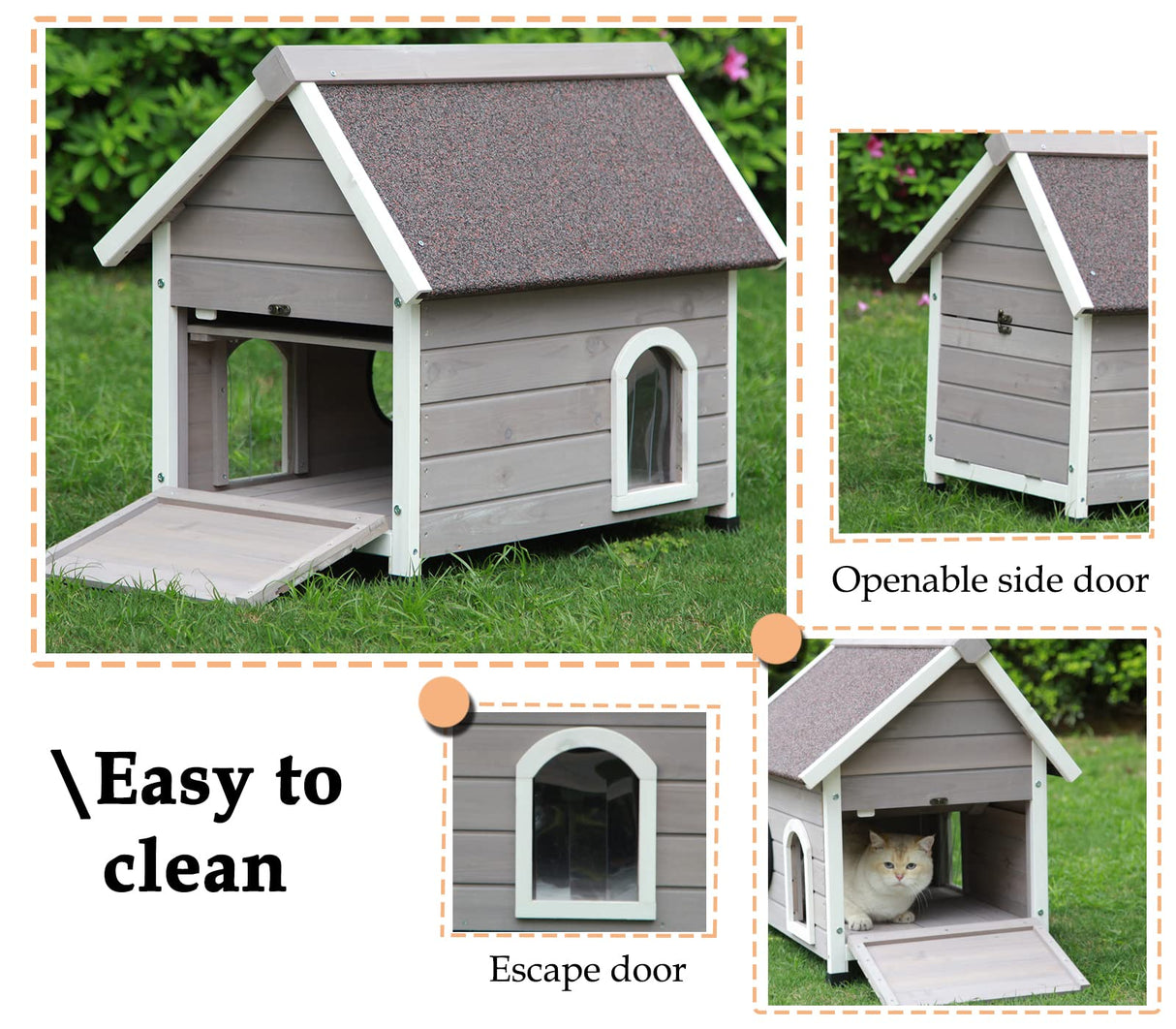 Rockever Outdoor Cat House, Feral Cat House Outdoor Weatherproof with Escape Door and Clear Windows for 2 Cats (Grey Rockever