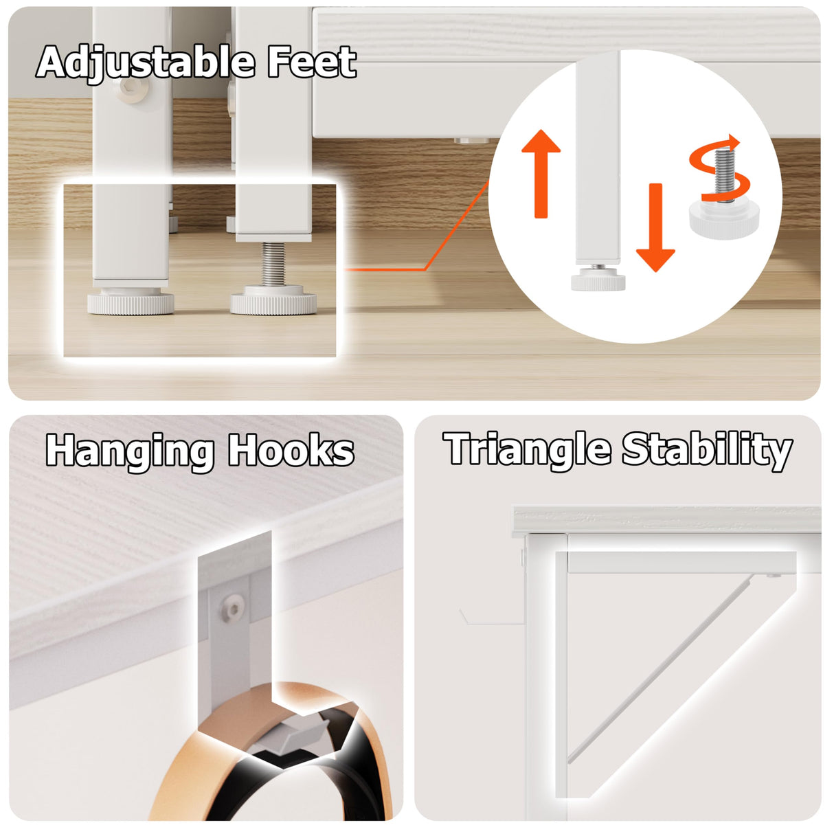 JOISCOPE Home Office Desk with Double Reversible Side Shelves and Headphone Hooks, Computer Desk for Working, Gaming, Studying, 55 inches, White JOISCOPE