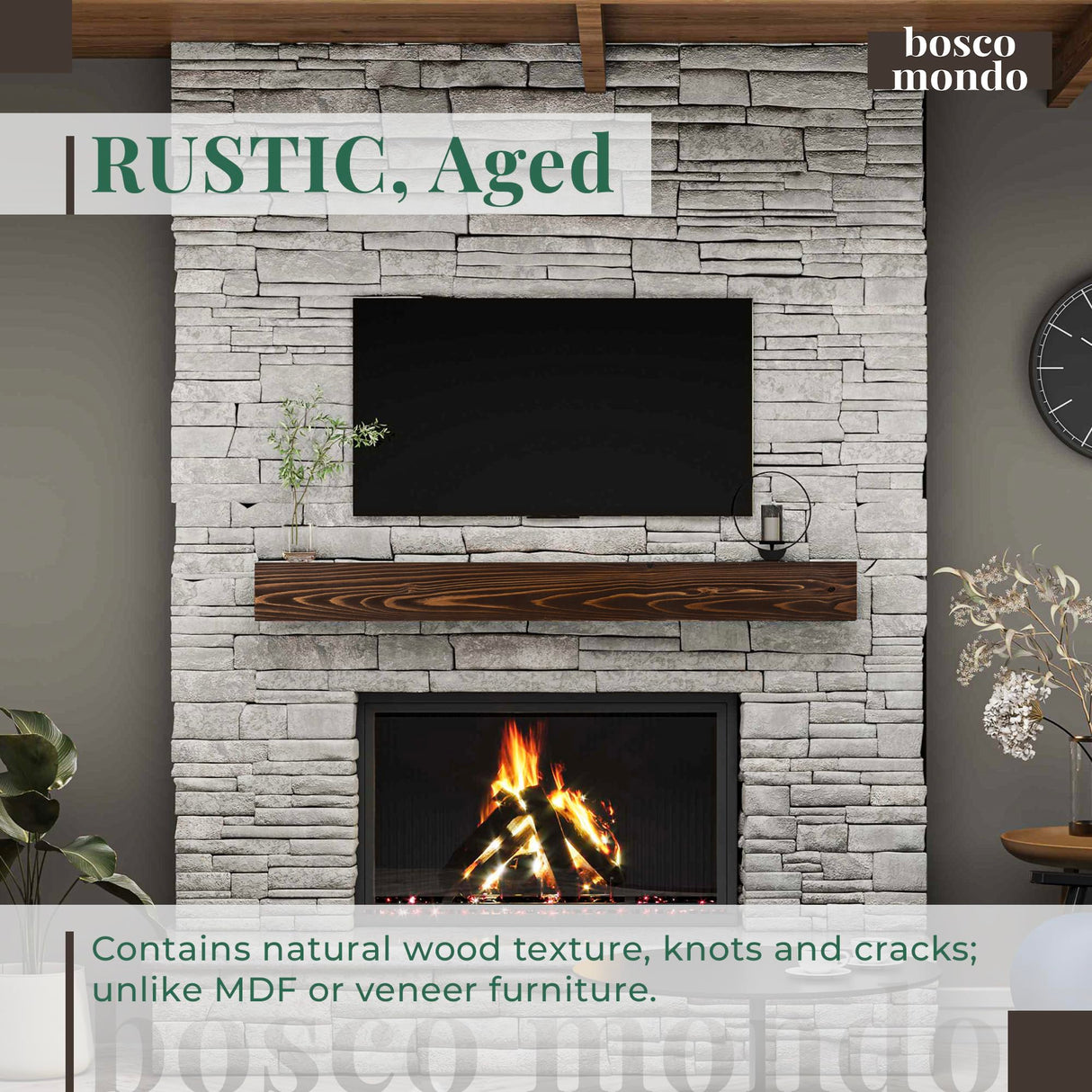 BoscoMondo Fireplace Mantel, Handcrafted Rustic from Solid Pine, Wall-Mounted Floating Farmhouse Shelf - 8"x6", 66" Brown BoscoMondo