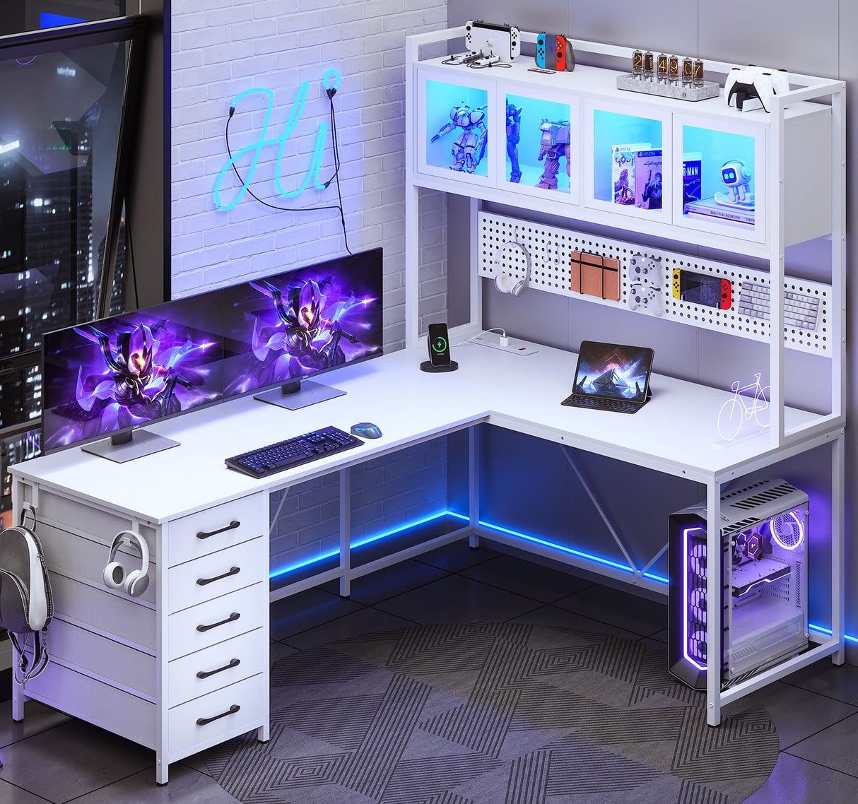 SEDETA L Shaped Gaming Desk with Drawers, L Shaped Computer Desk with Hutch and Storage Shelves, Gaming Desk with Pegboard, Led Lights, and Power Outlet, Home Office Desk, Corner Desk, White SEDETA