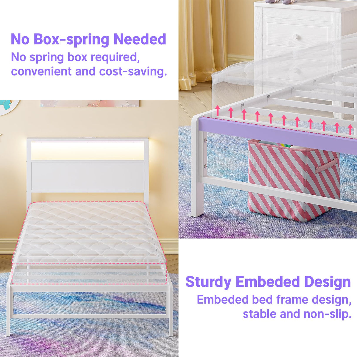 Weehom Twin Bed Frames with Headboard Shelf Storage, Wood Twin Bed Frame with Charging Station and LED Lights, No Box Spring Needed Twin Size Metal Bed Frame for Kids Students, White Weehom