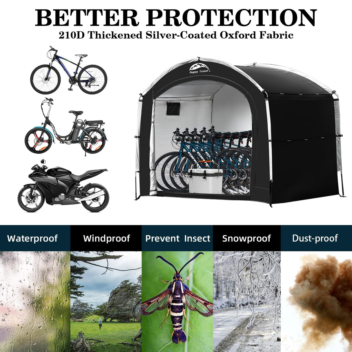 Happy Travel Bike Storage Shed Tent,Outdoor Portable Bicycle Storage Sheds with 210D Oxford Fabric PU4000 Waterproof for 2/3/4/6/8 Bikes,Bike Covers Shelter for Motorcycle,Garden Tools,Toys,Lawn Mower HAPPY TRAVEL