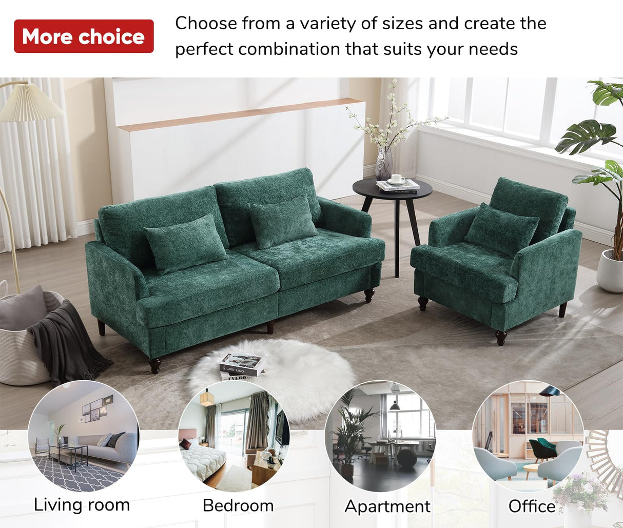 JOYBASE 2 Pieces Living Room Furniture Sets, Loveseat Couch and Accent Chair, Mid-Century Modern Sofa Set for Living Room, Apartment, Office, Bedroom (Emerald, Chenille) JOYBASE