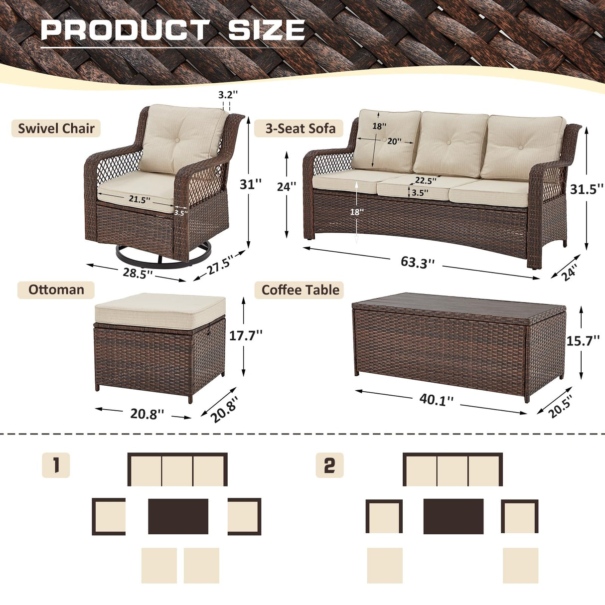 Suvivityse 6 Pieces Outdoor Patio Furniture Set Wicker Sectional Couch Conversations Sets Rattan Sofa with 360° Swivel Rocking Chairs for Lawn Garden Poolside Backyard (Brown) Suvivityse