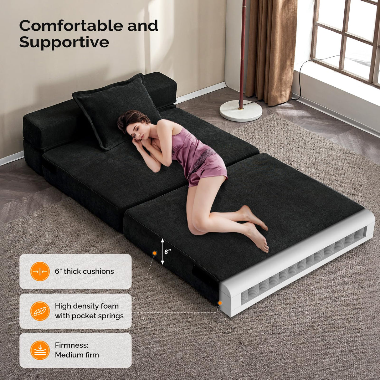 VINGLI Futon Sofa Bed Black Sleeper Sofa Chair Bed Floor Sofa Twin Small Couch Folding Mattress Couches for Living Room Floor Chair Freestanding RV Futon Couch for Indoor and Outdoor VINGLI