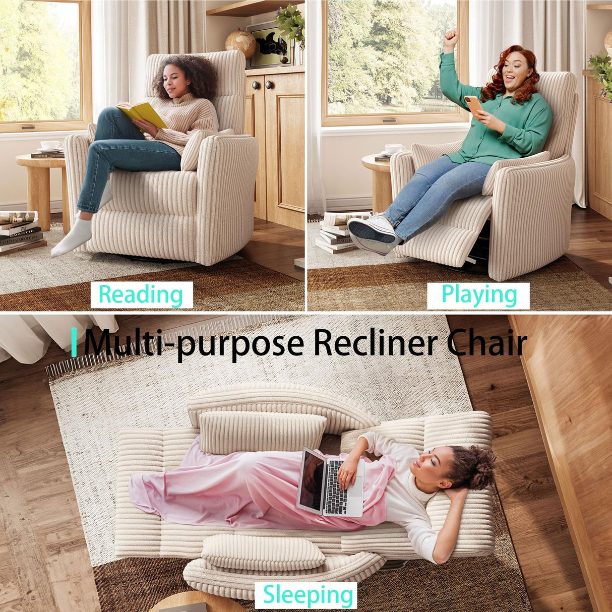 LINSY 360 Swivel Rocker Recliner - Corduroy Nursery Glider Rocking Chair with 2 Pillows, Comfy High Back Adult Recliner for Small Spaces, Nursery Bedroom Living Room Reclining Chairs (Beige) LINSY