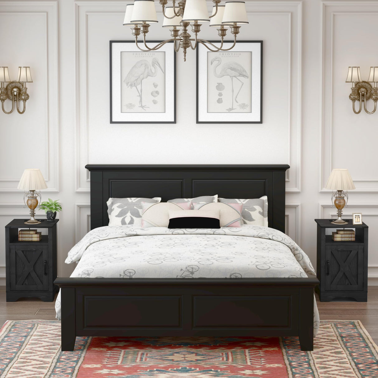 RoyalCraft Farmhouse Nightstand Set of 2 with Charging Station, Wooden End Table, Rustic Night Stand with Storage Cabinet and Shelf, Tall Bedside Table for Bedroom, Living Room, Black RoyalCraft