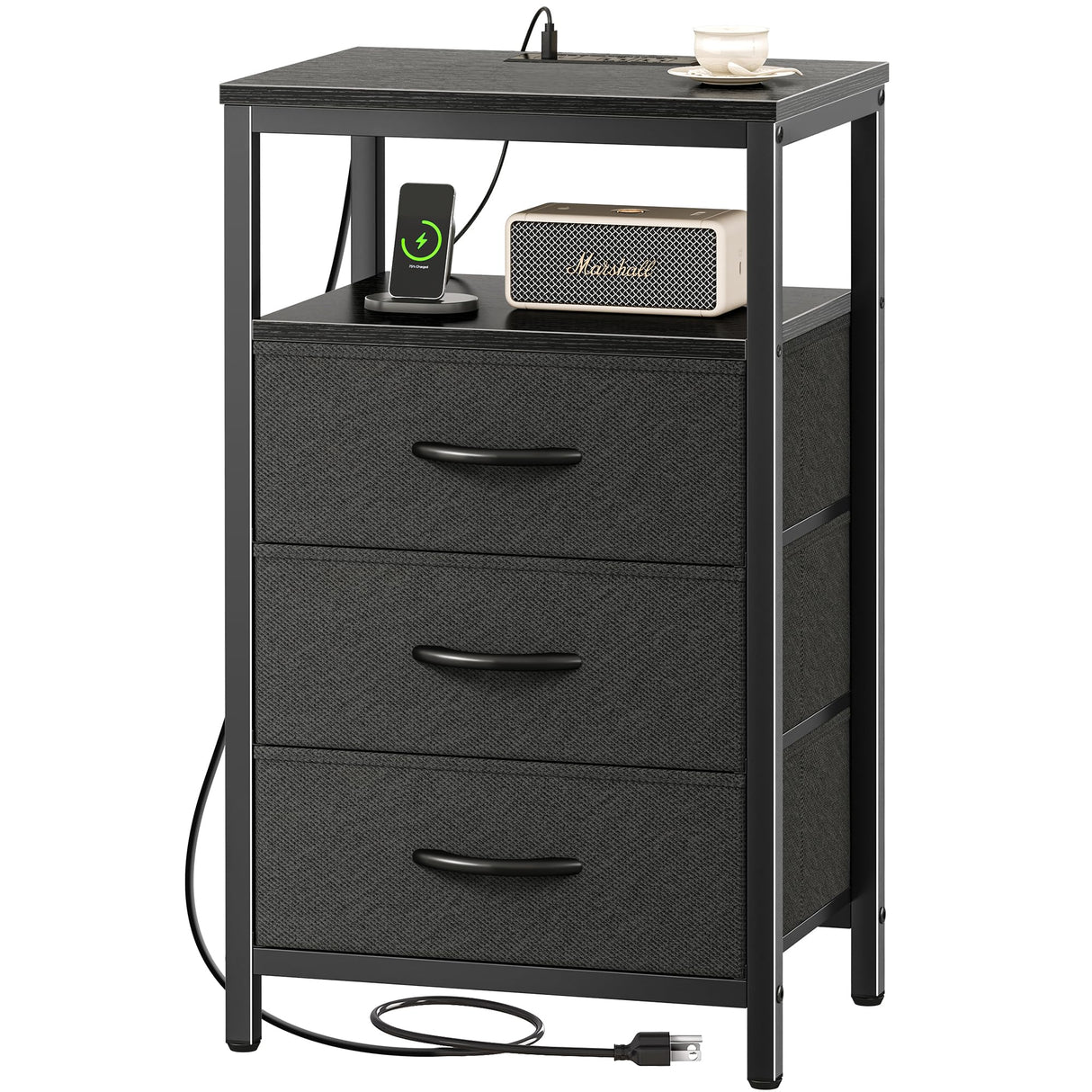 Huuger Nightstand with Charging Station, 27.6 Inch Side Table with Fabric Drawers, End Table Bedside Table with USB Ports and Outlets, Night Stand for Bedroom, Black Huuger