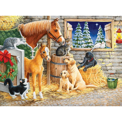 Bits and Pieces – 300 Piece Jigsaw Puzzle for Adults – an Evening with Friends - Horse Cats Dogs Barn Cold Winter Night Pine Trees Snow Farm Animal Jigsaw Puzzle by Artist Kathy Goff