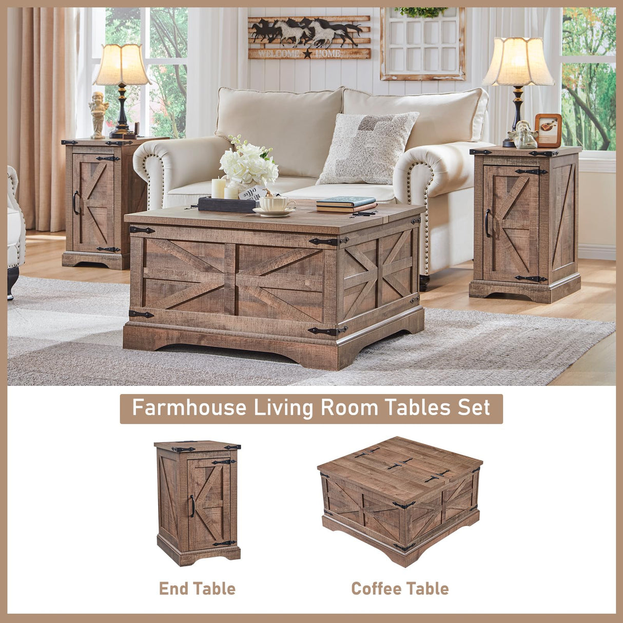 JXQTLINGMU Farmhouse Coffee Table, Square Wood Center Table with Large Hidden Storage Compartment for Living Room, Rustic Cocktail Table with Hinged Lift Top for Home, Light Brown JXQTLINGMU