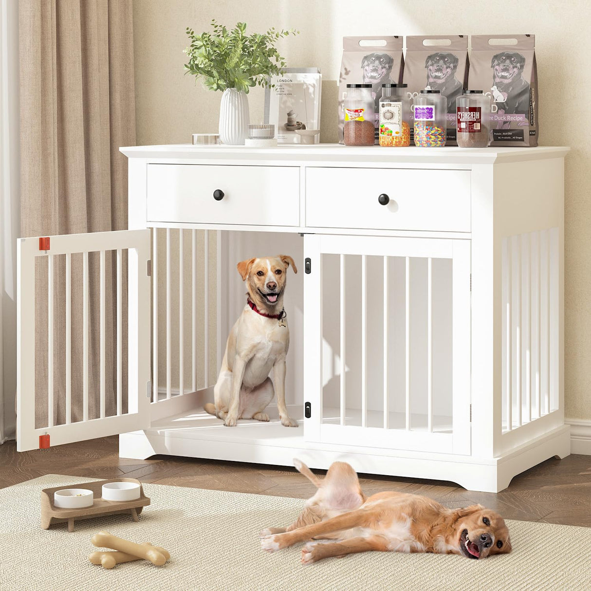 PRETZI Dog Crate Furniture, 44 Inch Wooden Dog Kennel Indoor with 2 Storage Drawers, Heavy Duty Large Crate Furniture, Decorative End Table Cage Furniture for Small/Medium/Large (White) PRETZI