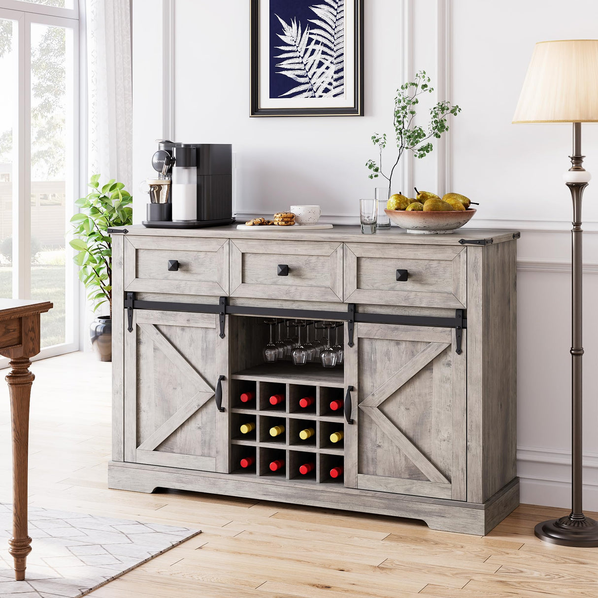 Farmhouse Buffe t Cabinet with Sliding Barn Door - Versatile Coffee Bar & Wine Storage in Washed Gray IDEALHOUSE