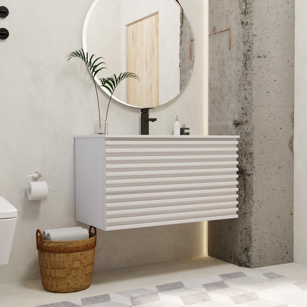 eclife 36" Floating Bathroom Vanity with Sink Combo Mid-Century Wall Mounted Cabinet with Wood Stripes Decor, Drawers, Undermount Sink, Faucet, Drain, Mixed White eclife