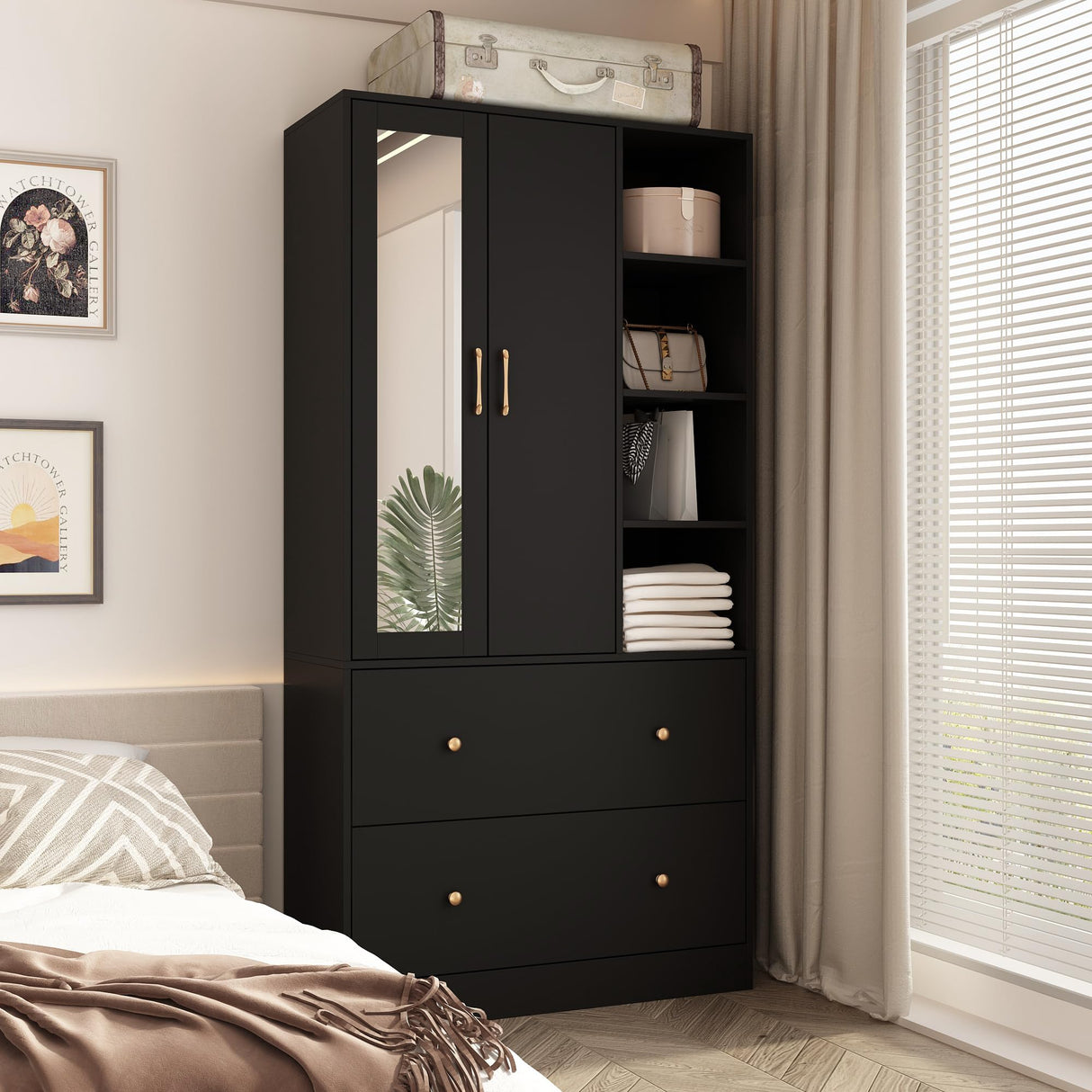 Homsee Wardrobe Armoire Wooden Closet with Mirror, 2 Doors, 2 Drawers, 4 Open Storage Cubes and Hanging Rod for Bedroom, Black (35.5”L x 15.8”W x 70.8”H) Homsee