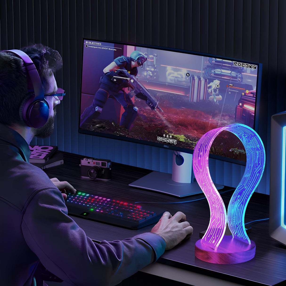 CoolGift Mart Gifts for Gamers and Music Lovers, Light Up Headphone Stand, Walnut Wood Headset Holder with Blue Pink LED Night Light, Ideal Desk Accessory CoolGift Mart