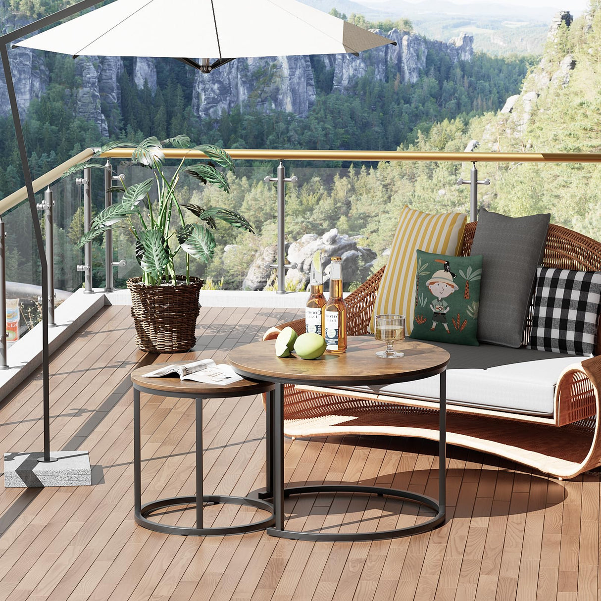 aboxoo Coffee Table Nesting Round Table Set of 2 Side Table with Sturdy Metal Frame for Living Room Bedroom Apartment Modern Industrial Simple Nightstand,Rustic Brown aboxoo