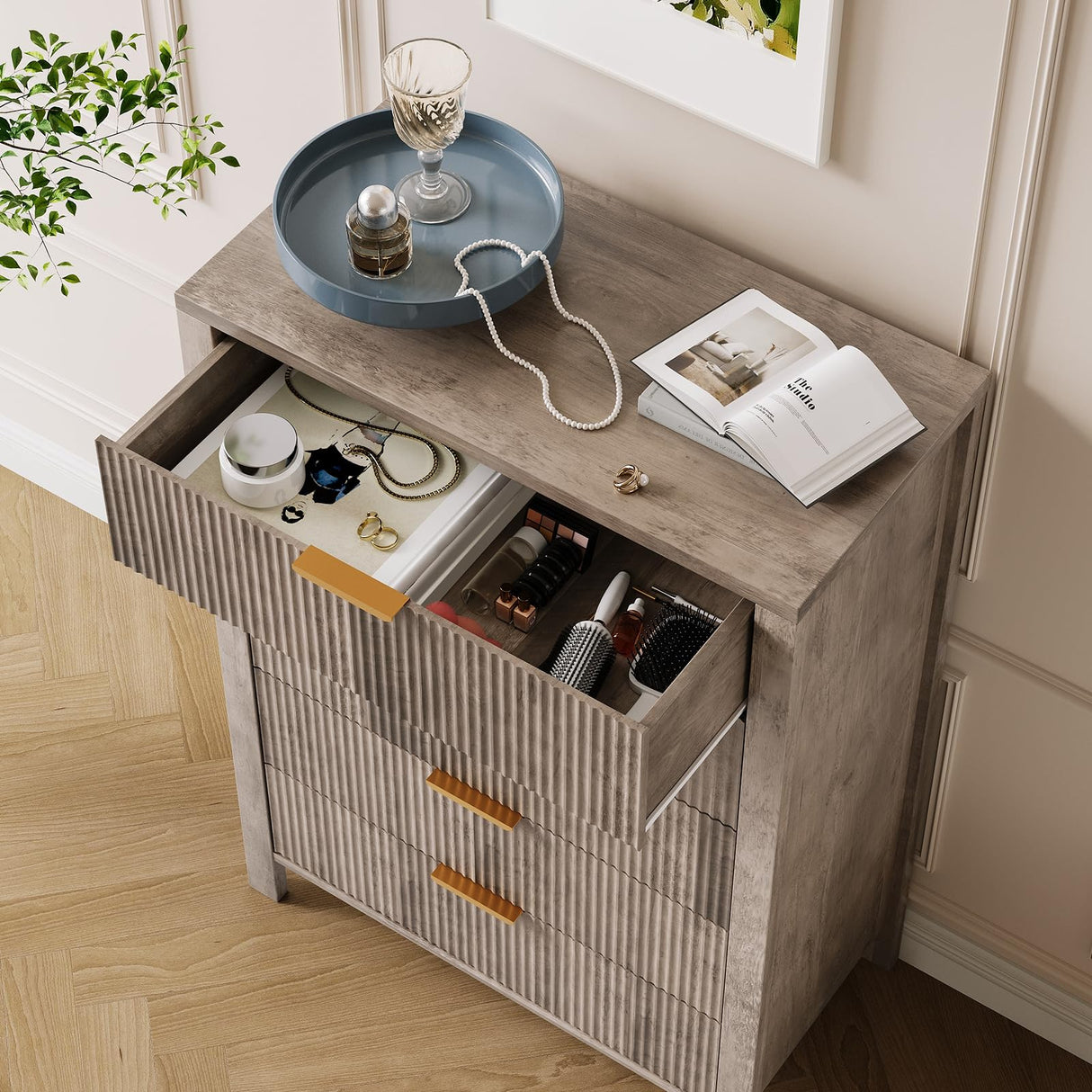 GarveeHome Fluted 5 Drawer Dresser, 45 in Tall Slim Dresser for Small Spaces, Modern Farmhouse Wooden Chest of Drawers for Bedroom Nursery Apartment, Easy Assembly GarveeHome