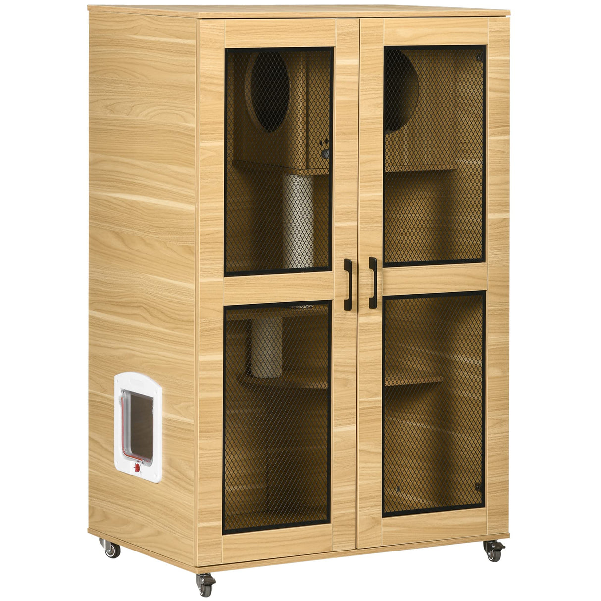 PawHut Cat House with Cat Tree Inside, Wheeled Kitty Cage for Indoor Cats with Scratching Posts, Condo, Flap Door, Cushion, Oak, 31.5" x 20" x 48.5" PawHut