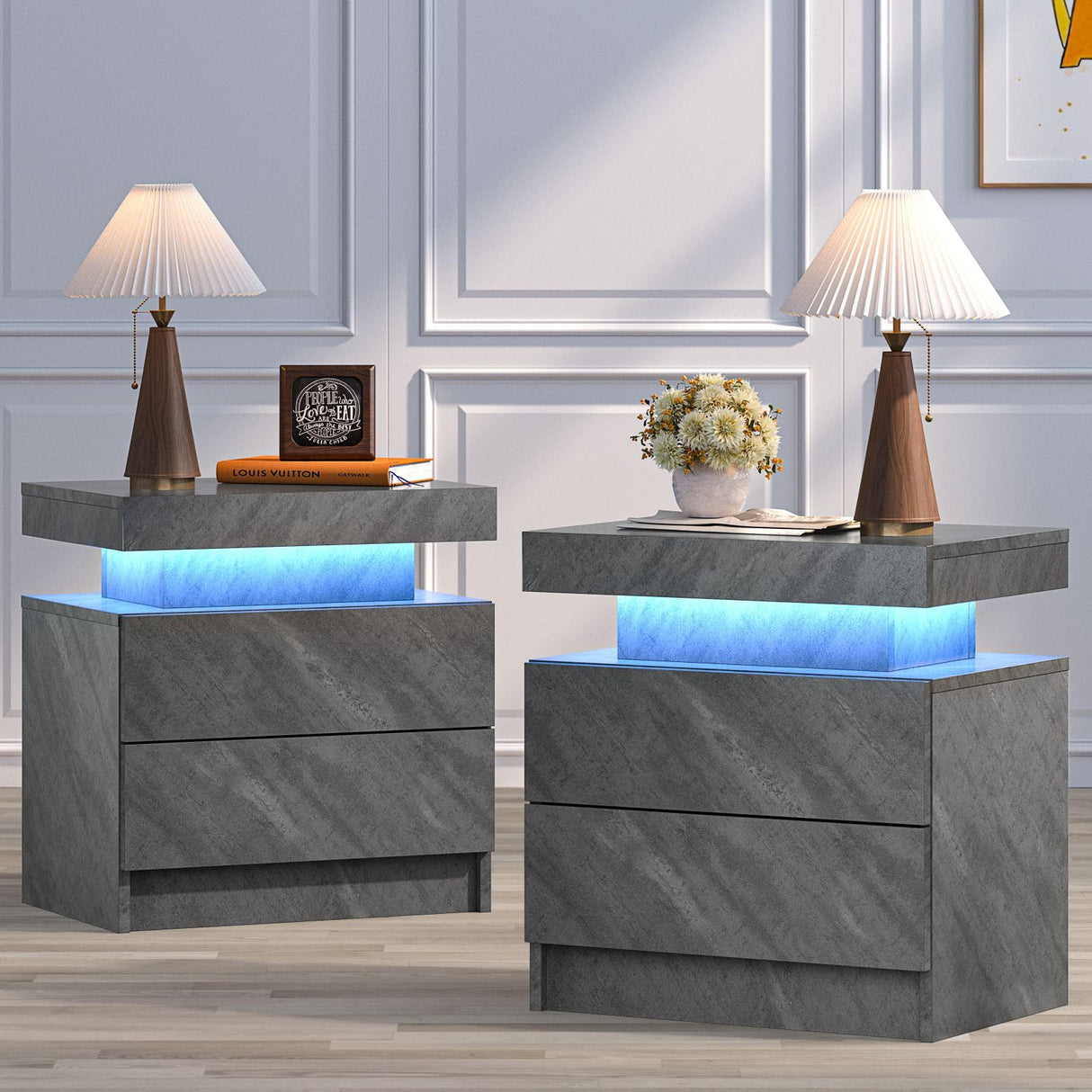 Bingoday LED Night Stand Set of 2 Bedside Tables with 2 Drawers Modern LED End Side Tables Bedroom Nightstands Bingoday