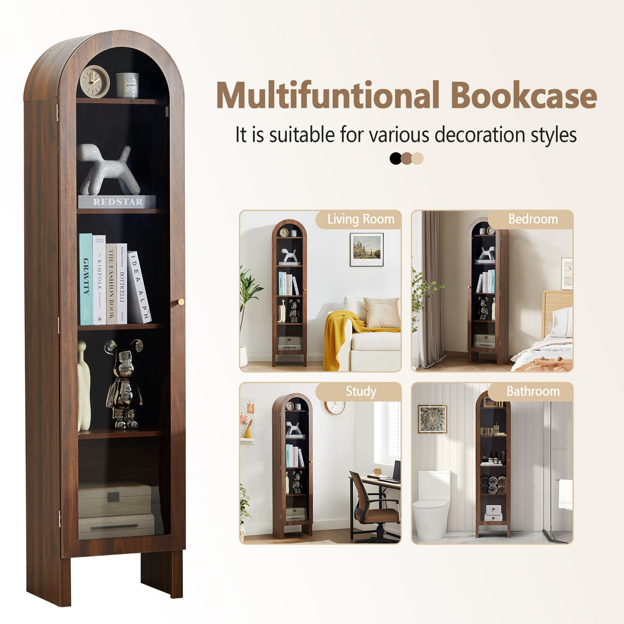 YUCHIATH 66.93" H Arched Bookcase, 5-Tier Arched Cabinet Bookcase with Adjustable Shelves, Accent Display Cabinet with Glass Door for Living Room, Reading Room and Bedroom (Walnut) YUCHIATH