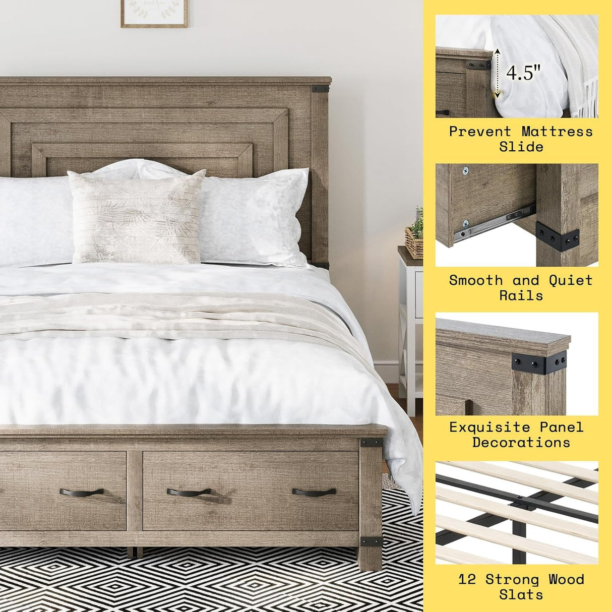 AMERLIFE Farmhouse Queen Bed Frame with 54" Tall Geometric Headboard & Footboard, Rustic Wood Platform Bed Frame with Large Storage Drawers, Wood Slats Support, No Box Spring Needed, Rustic Gray AMERLIFE