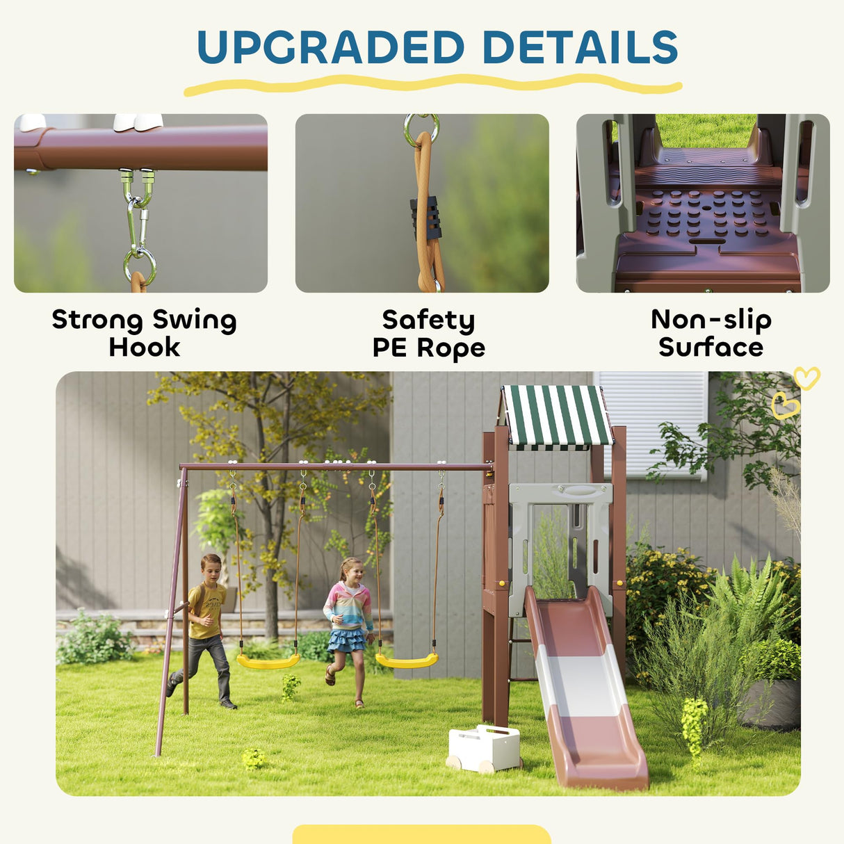 Qaba Kids Swing Set for Backyard, Playground Set with 6 FT Slide, 2 Adjustable Swings, Fort with Canopy, Ladder, Outdoor Playset with Ground Stakes for Ages 3-8, Brown Qaba