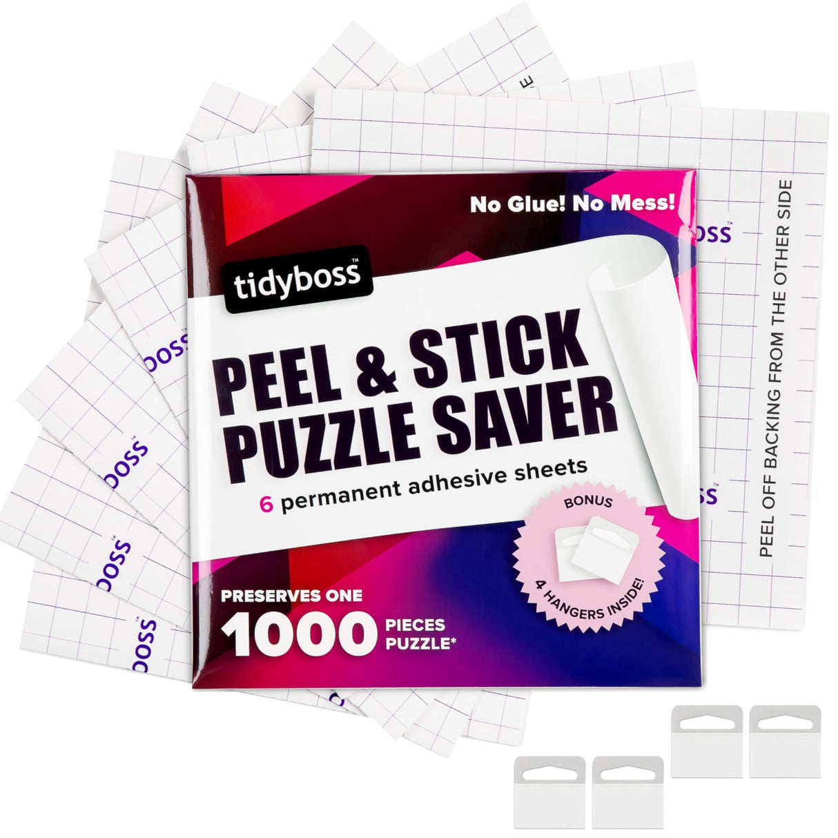 6 Pack Jigsaw Puzzle Saver Sheets | Puzzle Keeper Preserves 1,000 Piece Puzzles up to 24" x 30" Inches | Puzzle Glue and Frame | Puzzle Accessories - Also Come with 4 Adhesive Wall Hangers TIDYBOSS