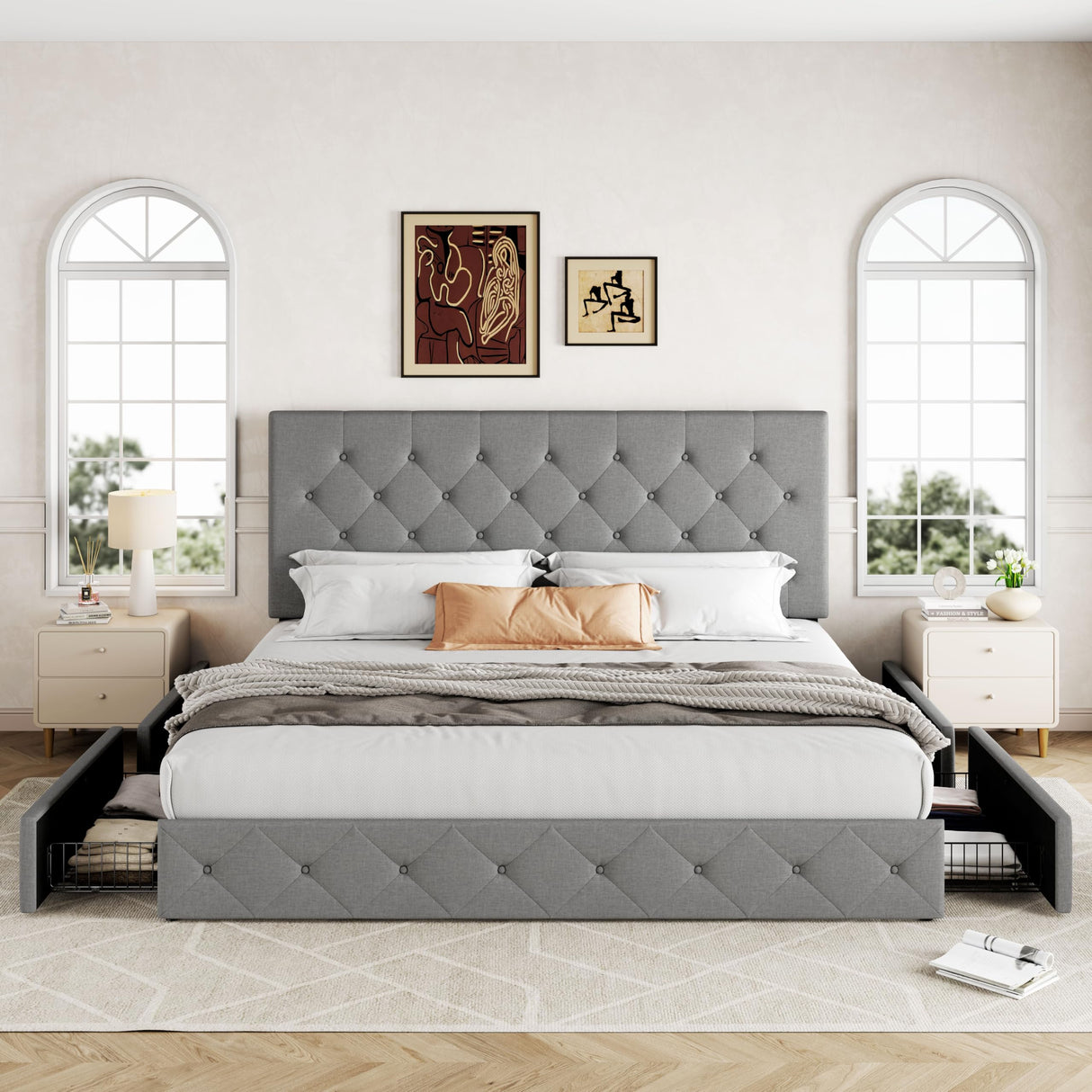 Allewie Upholstered King Size Platform Bed Frame with 4 Storage Drawers and Headboard, Diamond Stitched Button Tufted, Mattress Foundation with Wooden Slats Support, No Box Spring Needed, Light Grey Allewie