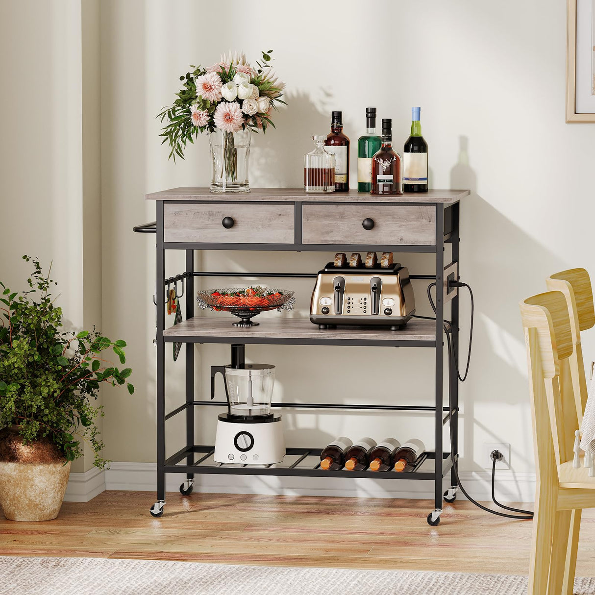 HOOBRO Kitchen Island with Storage, Rolling Island Cart for Kitchen with 2 Drawers & Outlet, 3 Tier Coffee Station and Microwave Stand, Kitchen Island Table for Home, Greige and Black BG08UZD01 HOOBRO